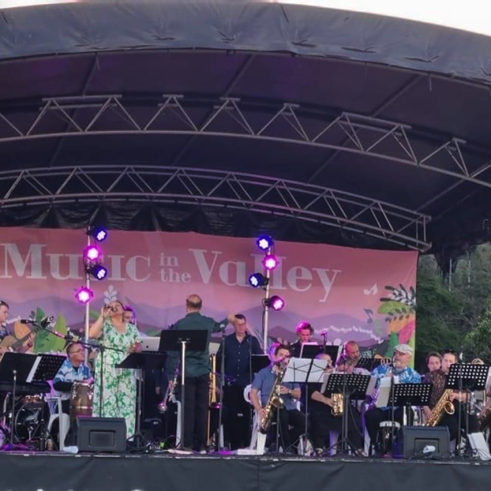 Big band on outdoor stage. Music in the Valley. Live event audio Brisbane, Gold Coast, Sunshine Coast