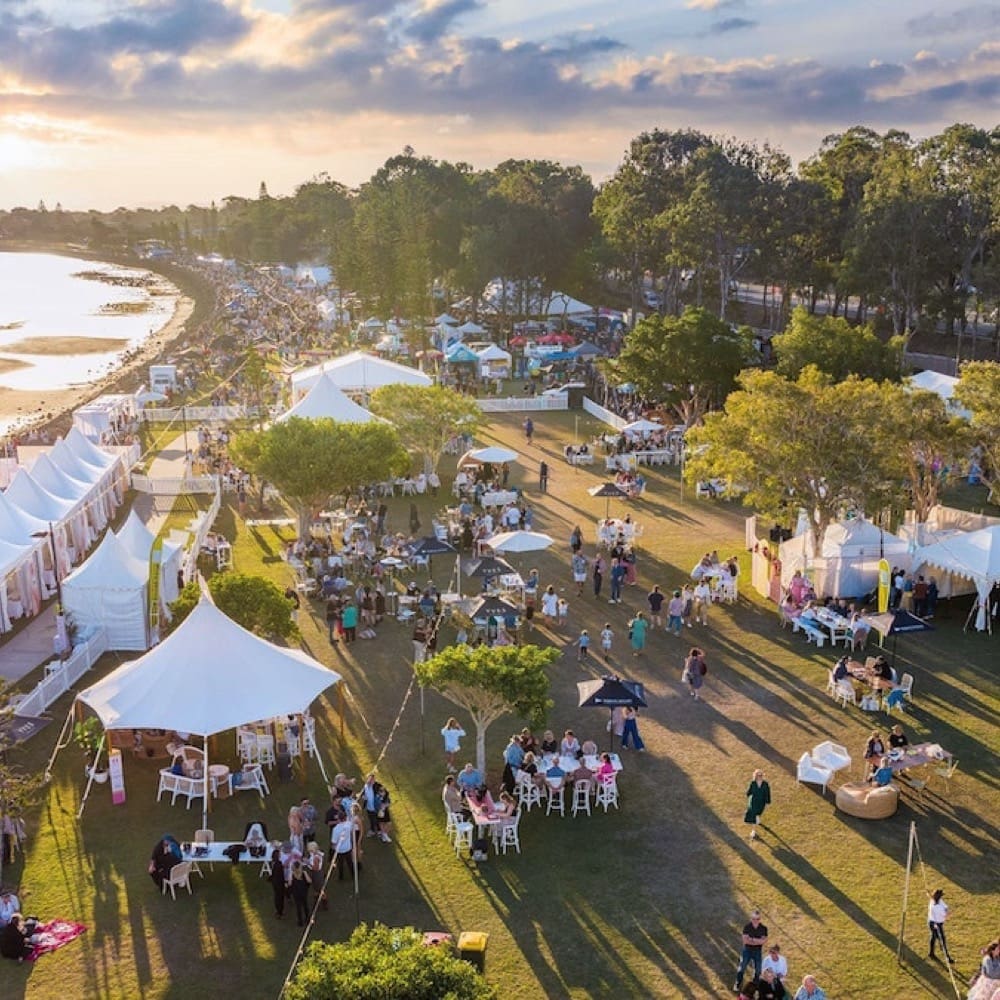 Aerial view of Moreton Bay event in Redcliffe. Moreton Bay Food and Wine Festival. Live event audio Brisbane, Gold Coast, Sunshine Coast